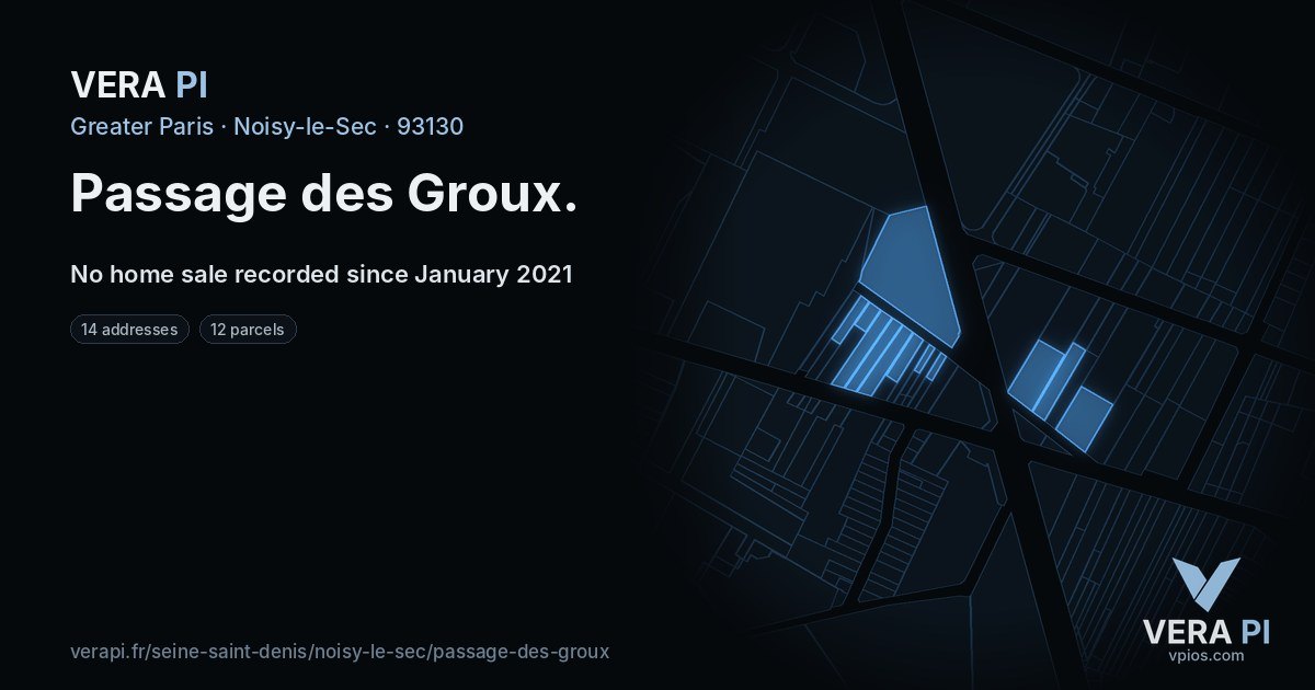 Passage des Groux, Noisy-le-Sec at night – every parcel coloured by the prices around it, the street's own parcels lit