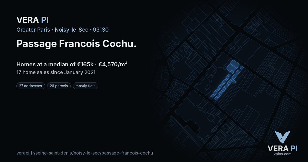 Passage Francois Cochu, Noisy-le-Sec at night – every parcel coloured by the prices around it, the street's own parcels lit