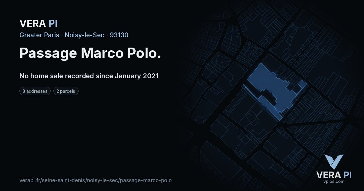 Passage Marco Polo, Noisy-le-Sec at night – every parcel coloured by the prices around it, the street's own parcels lit