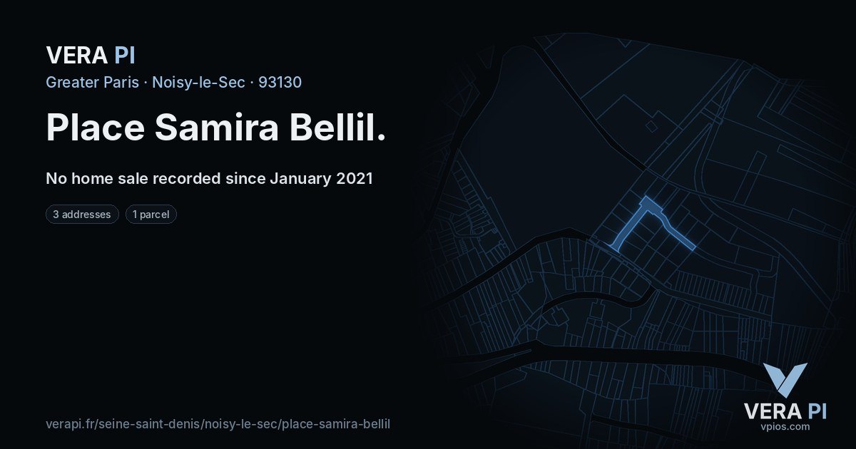 Place Samira Bellil, Noisy-le-Sec at night – every parcel coloured by the prices around it, the street's own parcels lit