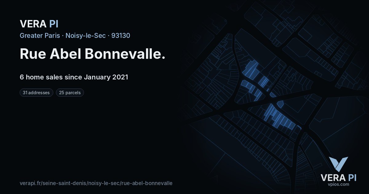 Rue Abel Bonnevalle, Noisy-le-Sec at night – every parcel coloured by the prices around it, the street's own parcels lit