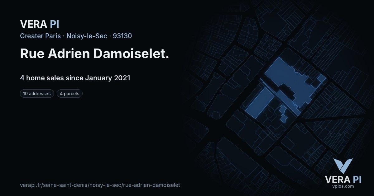 Rue Adrien Damoiselet, Noisy-le-Sec at night – every parcel coloured by the prices around it, the street's own parcels lit