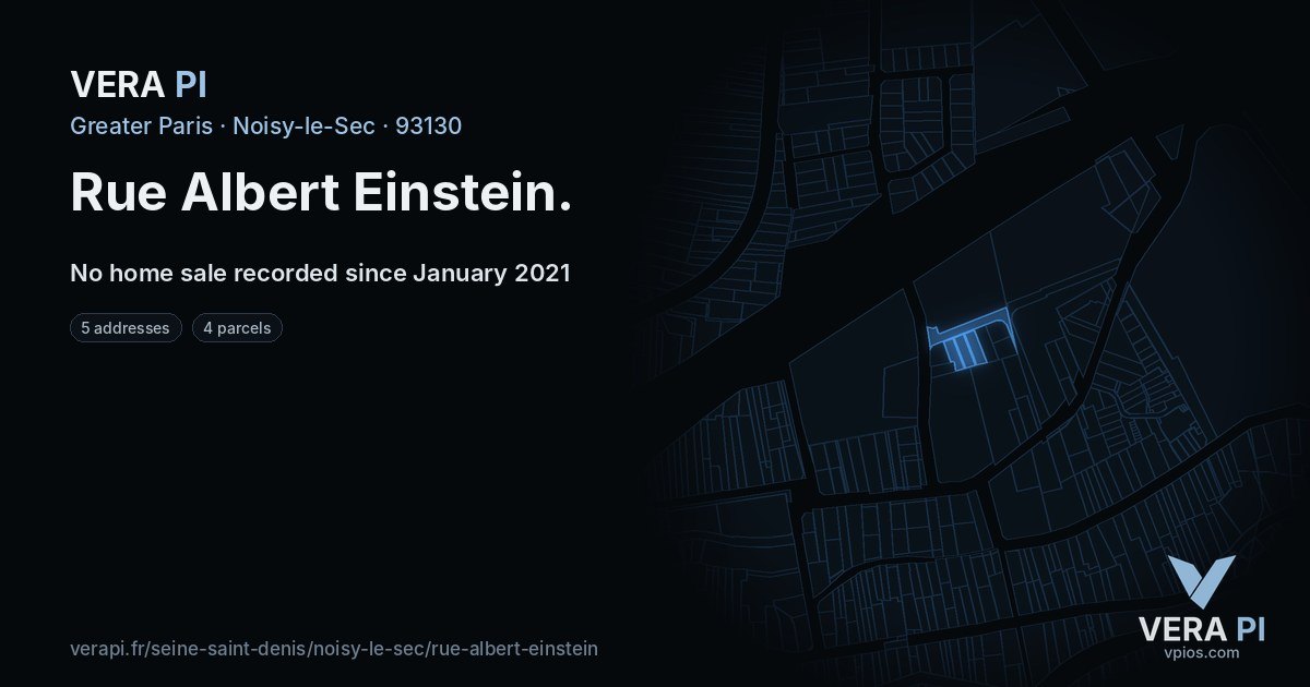 Rue Albert Einstein, Noisy-le-Sec at night – every parcel coloured by the prices around it, the street's own parcels lit