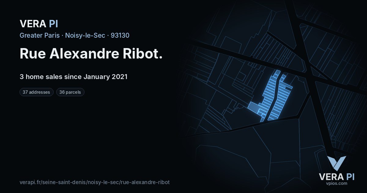 Rue Alexandre Ribot, Noisy-le-Sec at night – every parcel coloured by the prices around it, the street's own parcels lit