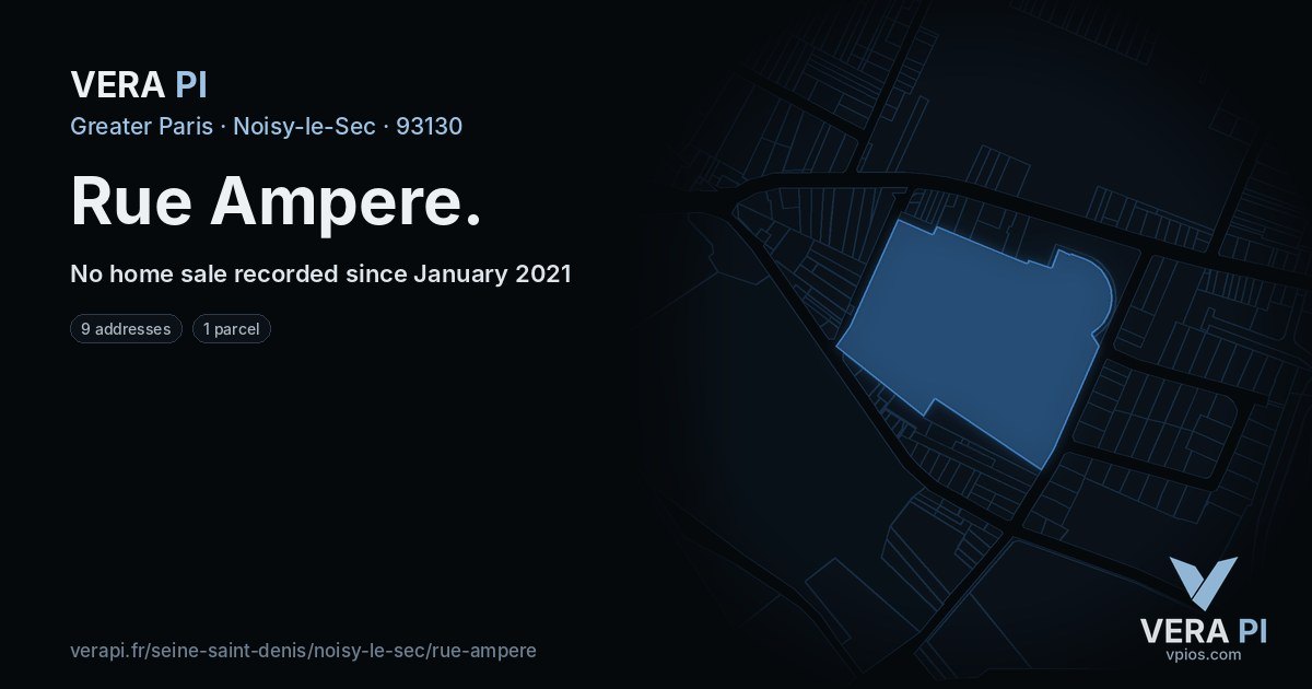 Rue Ampere, Noisy-le-Sec at night – every parcel coloured by the prices around it, the street's own parcels lit