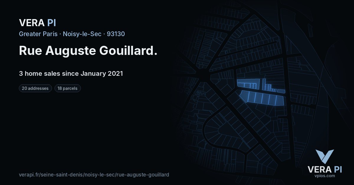 Rue Auguste Gouillard, Noisy-le-Sec at night – every parcel coloured by the prices around it, the street's own parcels lit