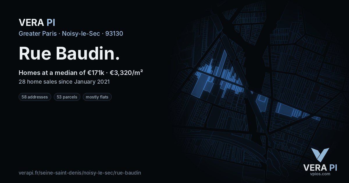 Rue Baudin, Noisy-le-Sec at night – every parcel coloured by the prices around it, the street's own parcels lit