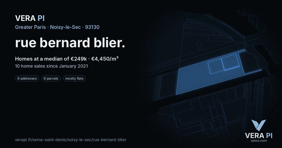 rue bernard blier, Noisy-le-Sec at night – every parcel coloured by the prices around it, the street's own parcels lit