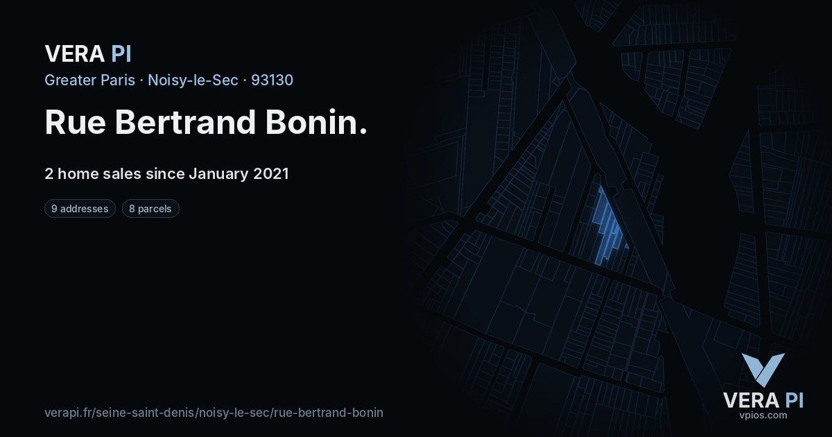 Rue Bertrand Bonin, Noisy-le-Sec at night – every parcel coloured by the prices around it, the street's own parcels lit