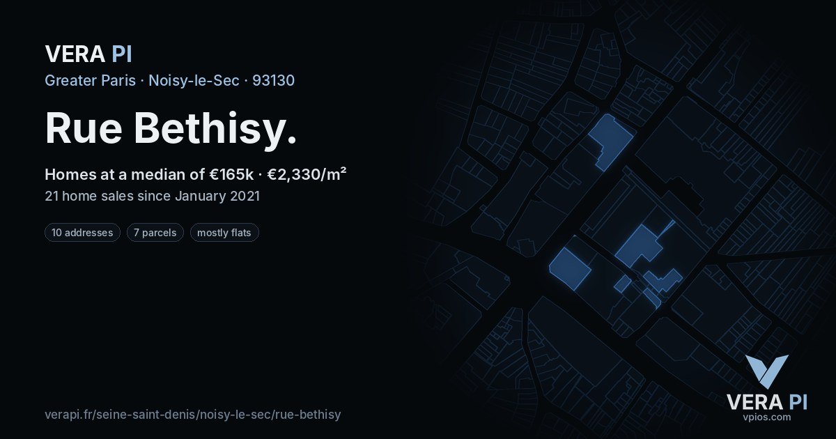 Rue Bethisy, Noisy-le-Sec at night – every parcel coloured by the prices around it, the street's own parcels lit