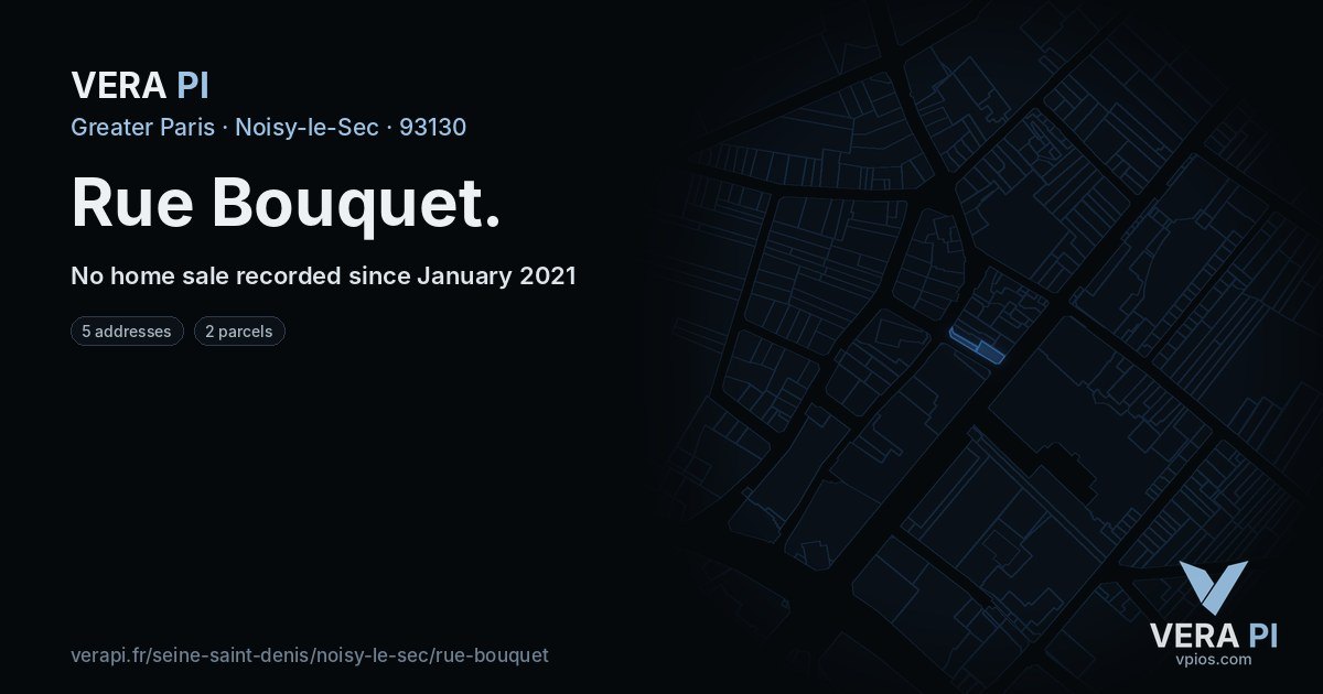 Rue Bouquet, Noisy-le-Sec at night – every parcel coloured by the prices around it, the street's own parcels lit