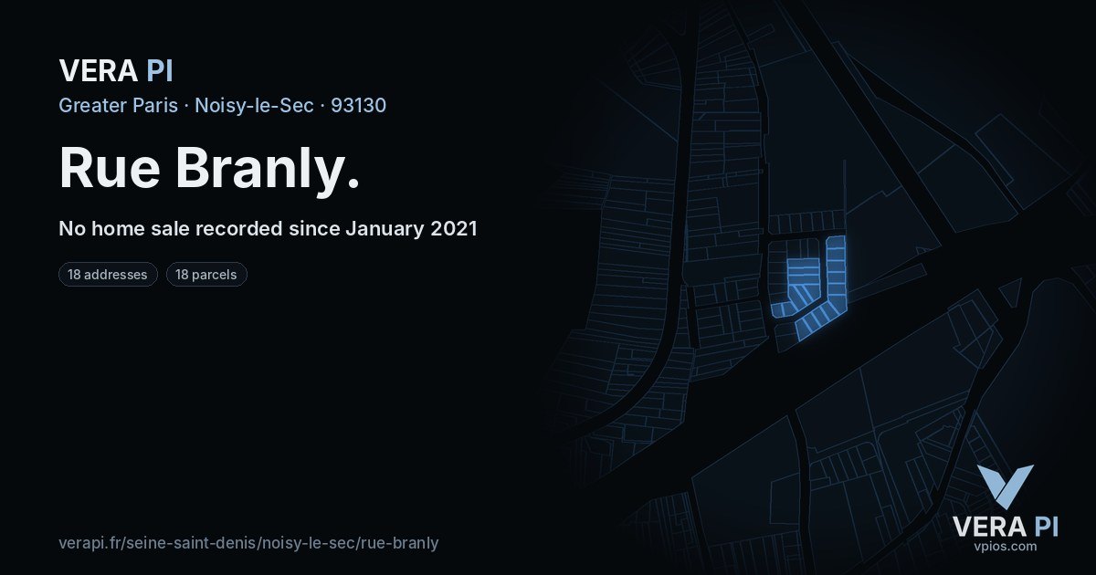 Rue Branly, Noisy-le-Sec at night – every parcel coloured by the prices around it, the street's own parcels lit