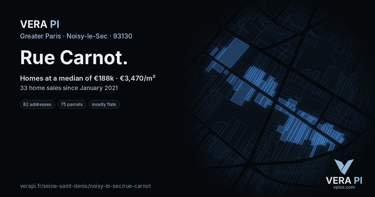 Rue Carnot, Noisy-le-Sec at night – every parcel coloured by the prices around it, the street's own parcels lit