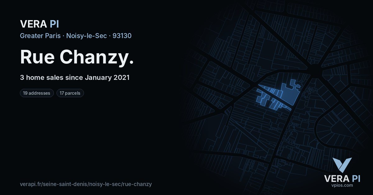 Rue Chanzy, Noisy-le-Sec at night – every parcel coloured by the prices around it, the street's own parcels lit