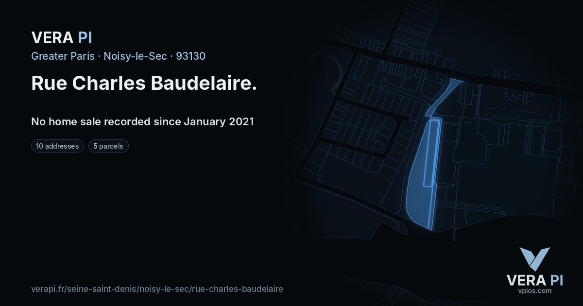 Rue Charles Baudelaire, Noisy-le-Sec at night – every parcel coloured by the prices around it, the street's own parcels lit