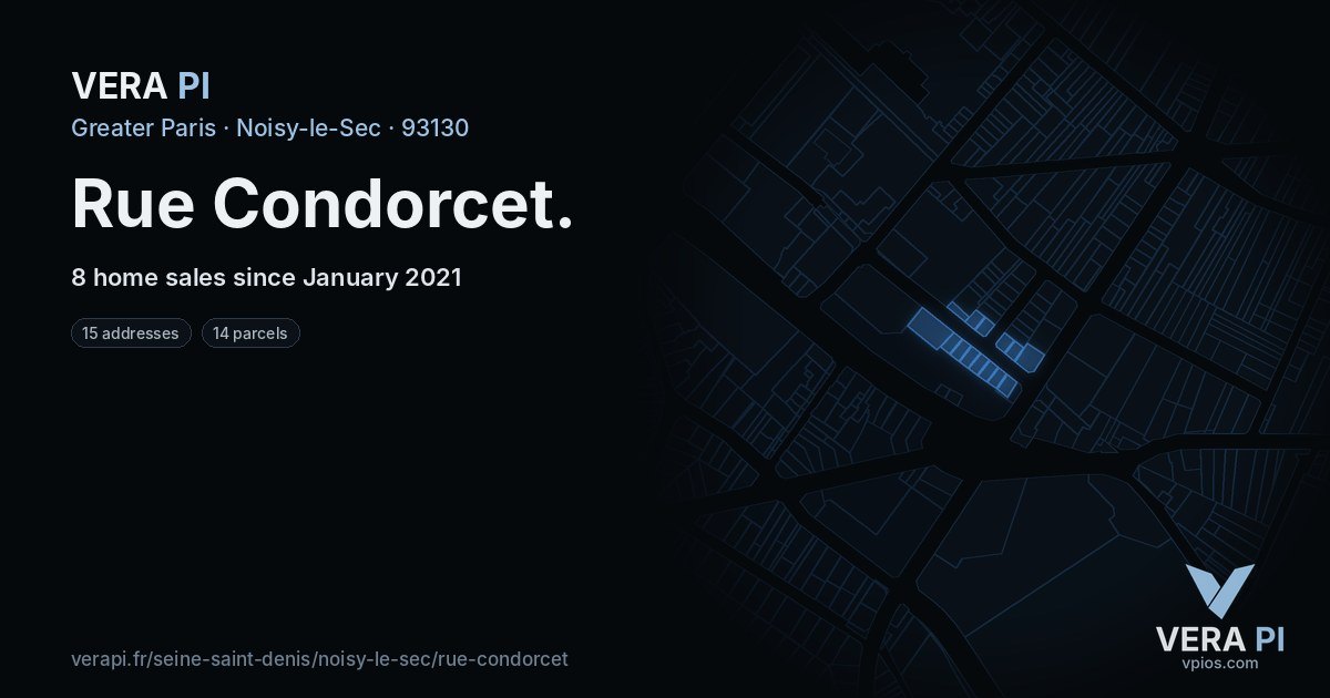 Rue Condorcet, Noisy-le-Sec at night – every parcel coloured by the prices around it, the street's own parcels lit