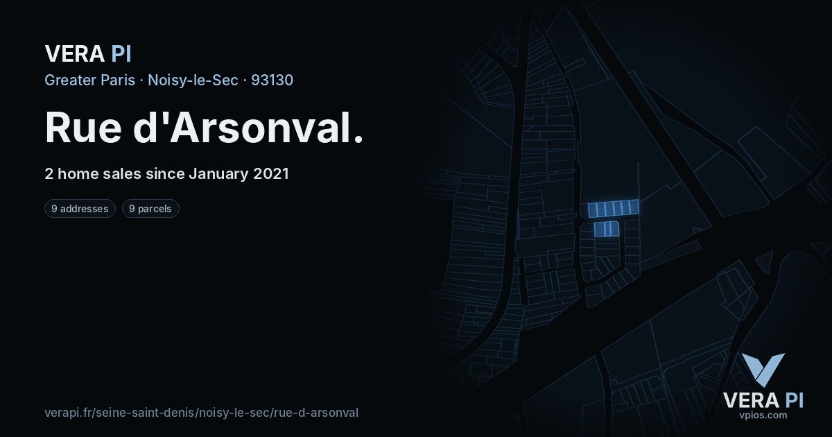 Rue d'Arsonval, Noisy-le-Sec at night – every parcel coloured by the prices around it, the street's own parcels lit