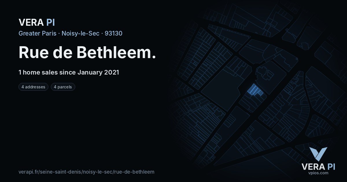 Rue de Bethleem, Noisy-le-Sec at night – every parcel coloured by the prices around it, the street's own parcels lit