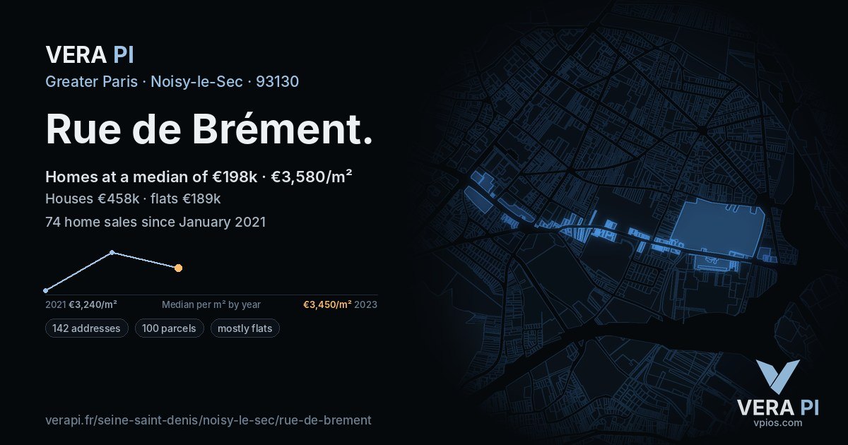 Rue de Brément, Noisy-le-Sec at night – every parcel coloured by the prices around it, the street's own parcels lit
