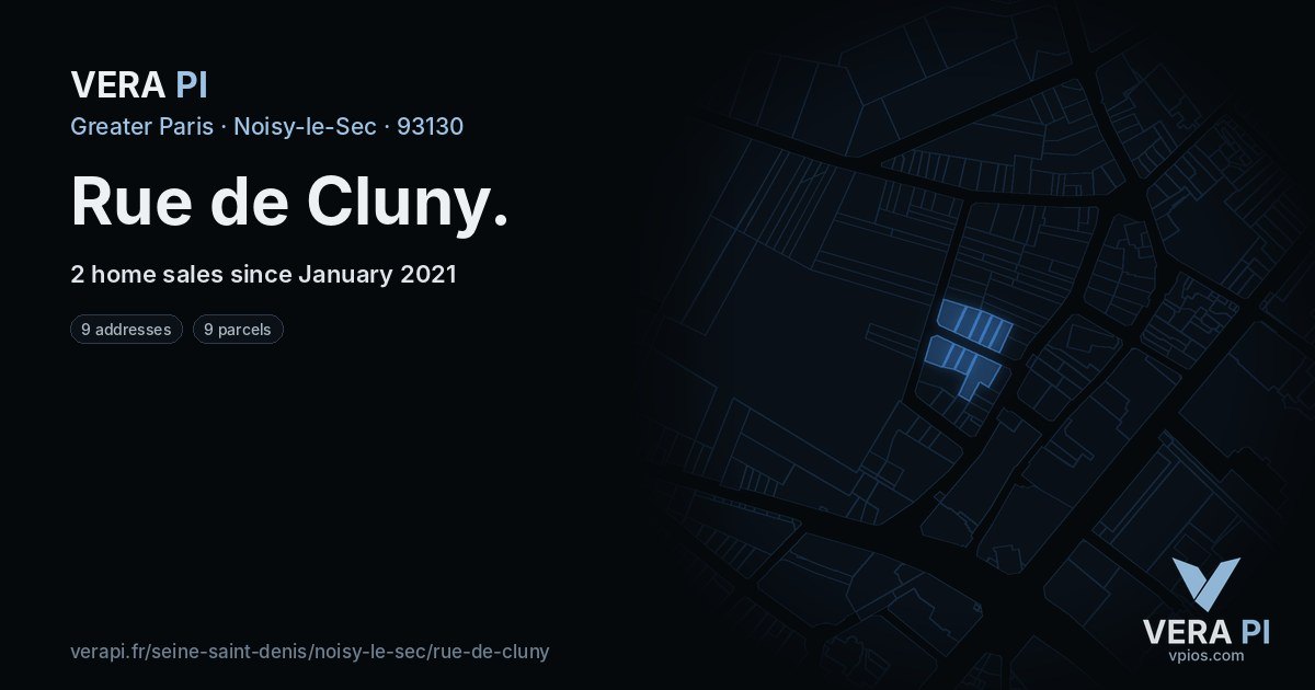 Rue de Cluny, Noisy-le-Sec at night – every parcel coloured by the prices around it, the street's own parcels lit