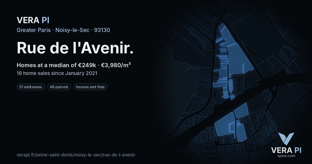 Rue de l'Avenir, Noisy-le-Sec at night – every parcel coloured by the prices around it, the street's own parcels lit