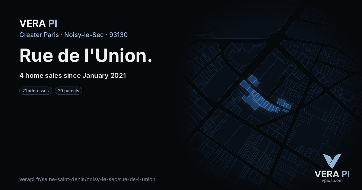 Rue de l'Union, Noisy-le-Sec at night – every parcel coloured by the prices around it, the street's own parcels lit