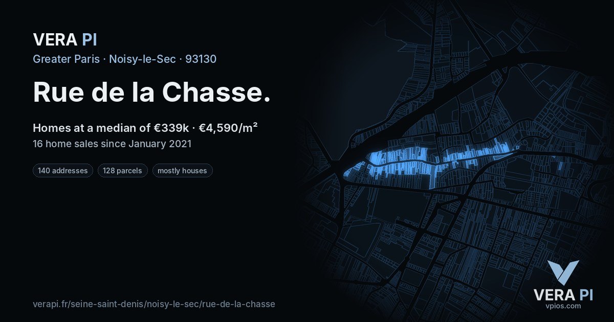 Rue de la Chasse, Noisy-le-Sec at night – every parcel coloured by the prices around it, the street's own parcels lit
