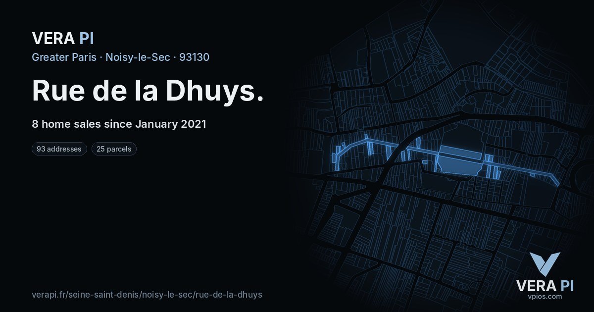 Rue de la Dhuys, Noisy-le-Sec at night – every parcel coloured by the prices around it, the street's own parcels lit