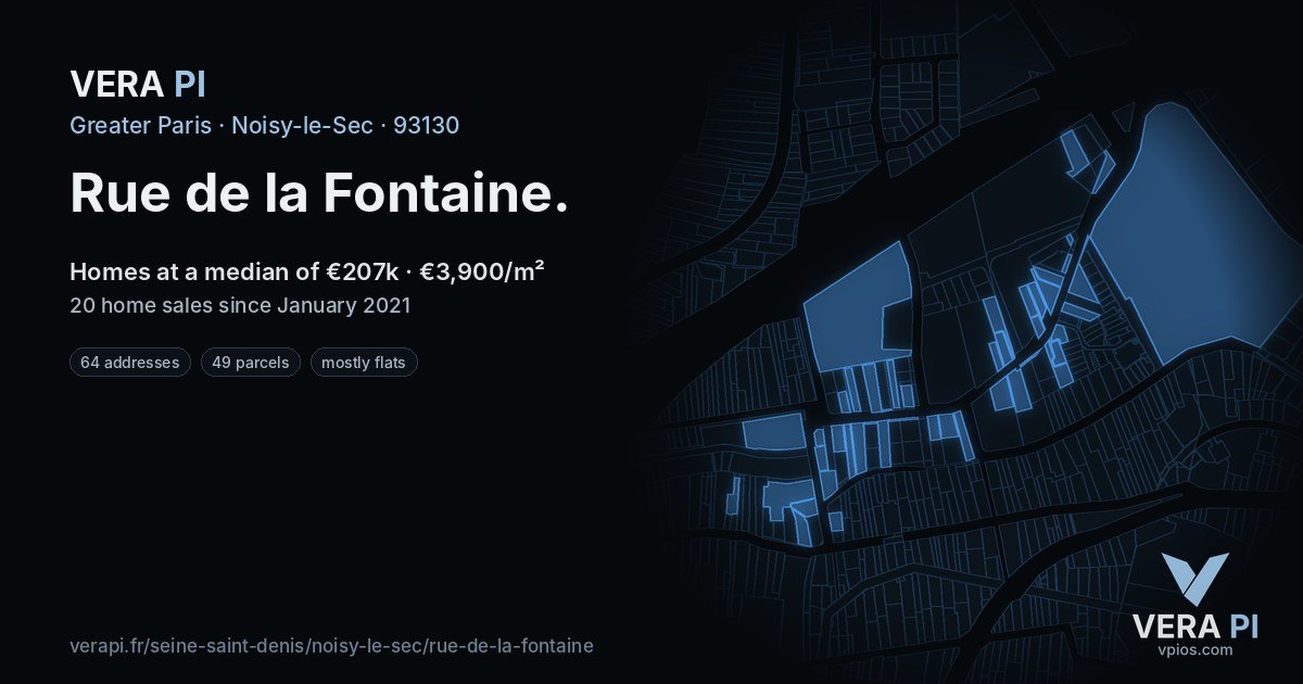 Rue de la Fontaine, Noisy-le-Sec at night – every parcel coloured by the prices around it, the street's own parcels lit