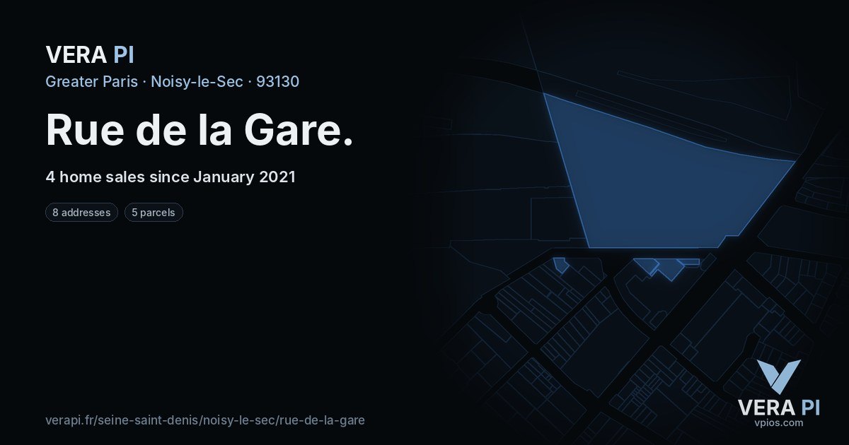Rue de la Gare, Noisy-le-Sec at night – every parcel coloured by the prices around it, the street's own parcels lit