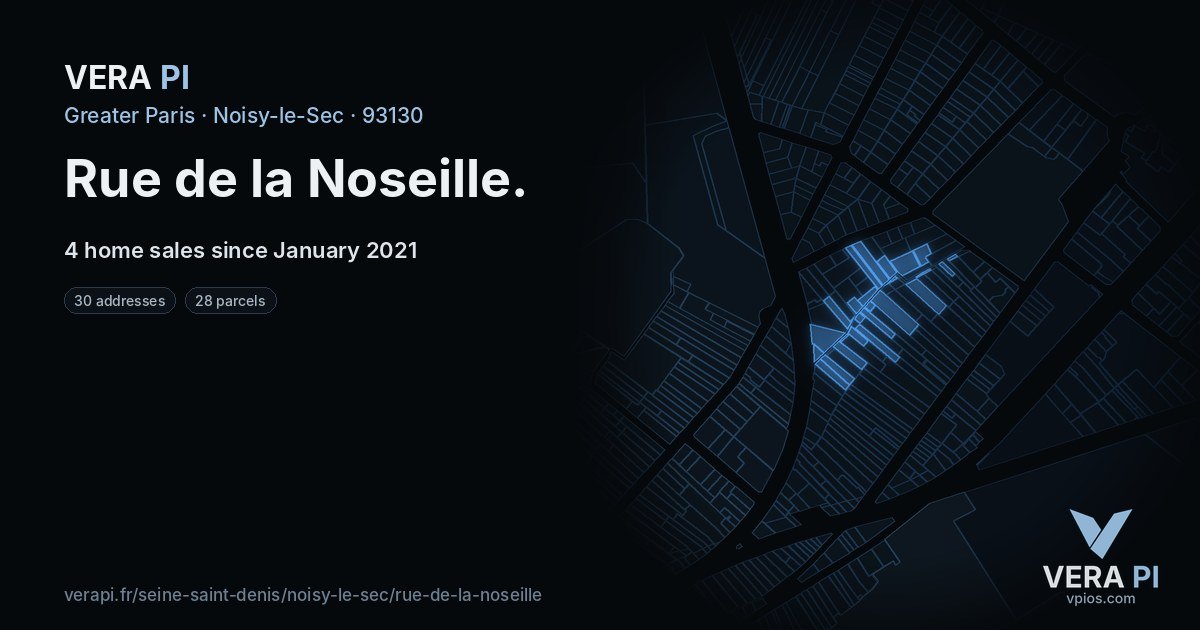 Rue de la Noseille, Noisy-le-Sec at night – every parcel coloured by the prices around it, the street's own parcels lit