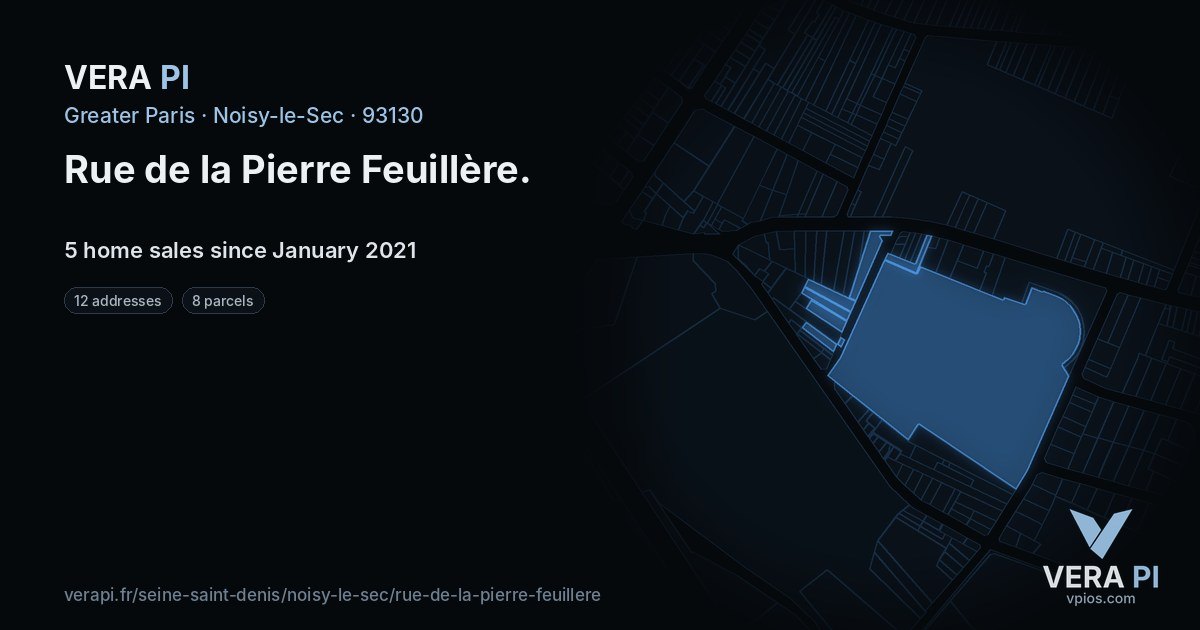 Rue de la Pierre Feuillère, Noisy-le-Sec at night – every parcel coloured by the prices around it, the street's own parcels lit