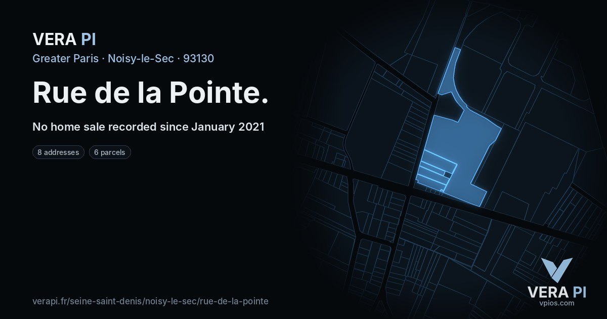Rue de la Pointe, Noisy-le-Sec at night – every parcel coloured by the prices around it, the street's own parcels lit