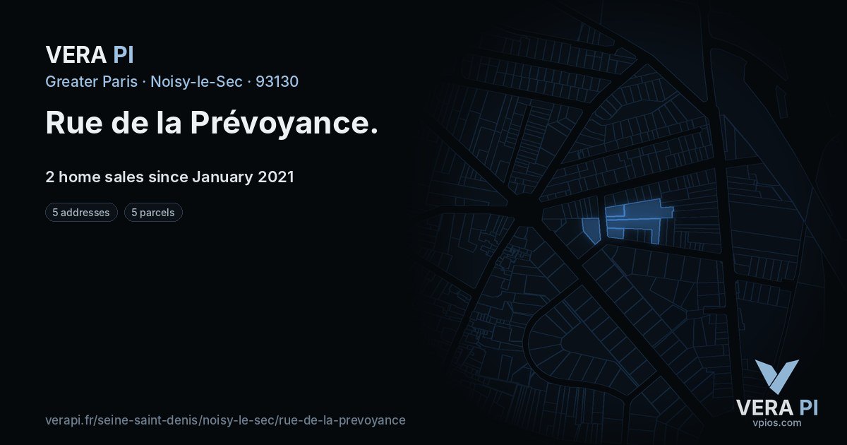 Rue de la Prévoyance, Noisy-le-Sec at night – every parcel coloured by the prices around it, the street's own parcels lit