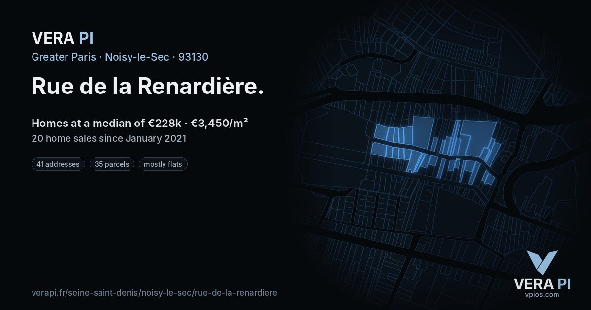 Rue de la Renardière, Noisy-le-Sec at night – every parcel coloured by the prices around it, the street's own parcels lit