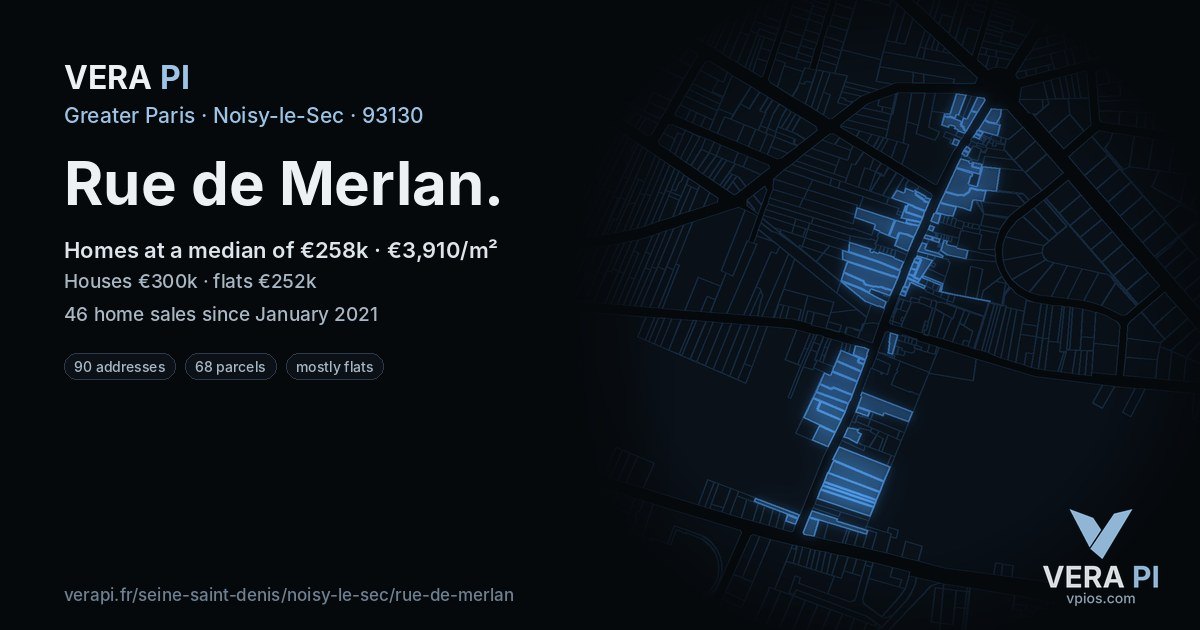 Rue de Merlan, Noisy-le-Sec at night – every parcel coloured by the prices around it, the street's own parcels lit