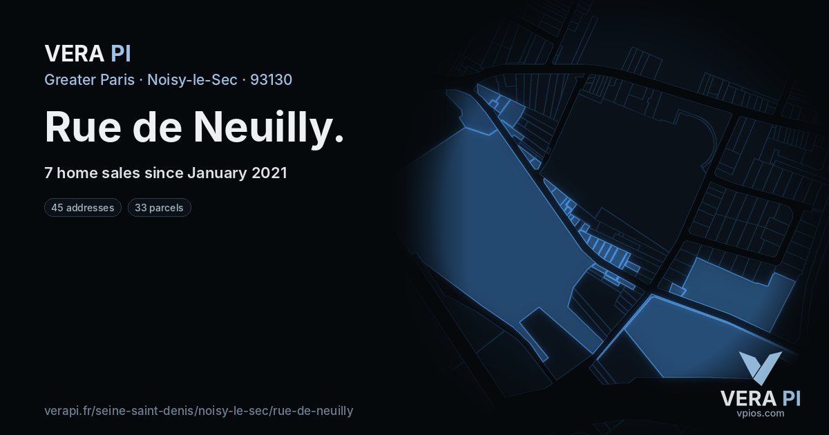 Rue de Neuilly, Noisy-le-Sec at night – every parcel coloured by the prices around it, the street's own parcels lit