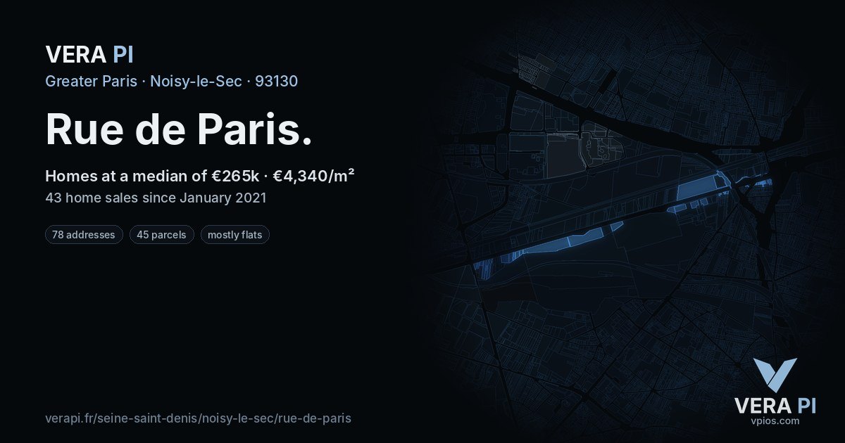 Rue de Paris, Noisy-le-Sec at night – every parcel coloured by the prices around it, the street's own parcels lit