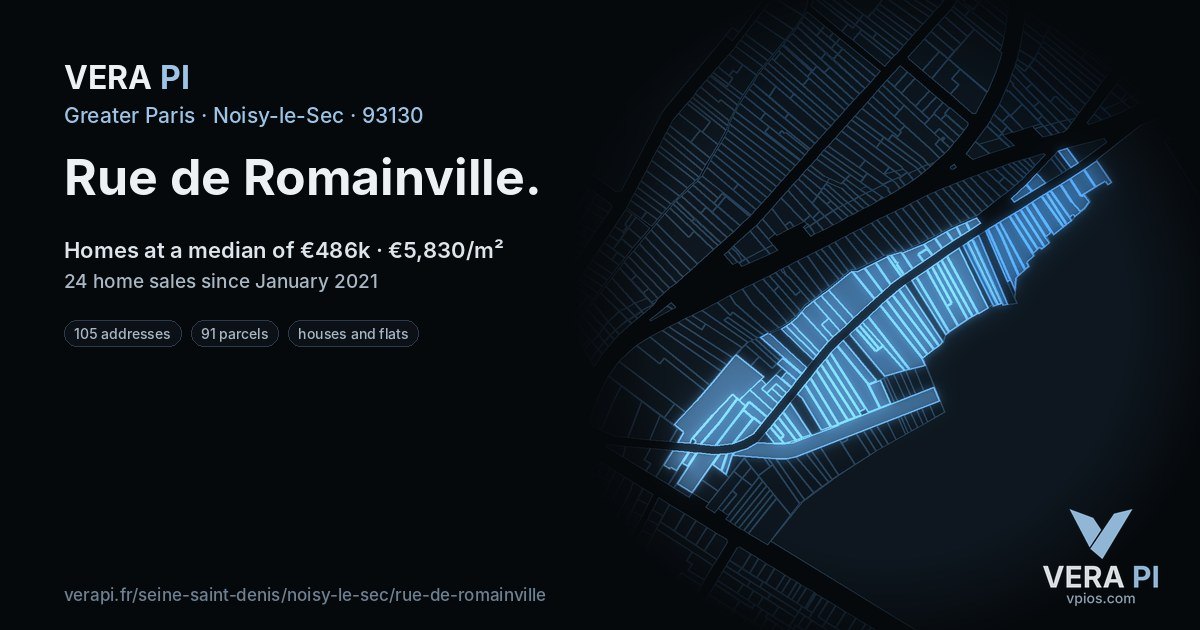 Rue de Romainville, Noisy-le-Sec at night – every parcel coloured by the prices around it, the street's own parcels lit
