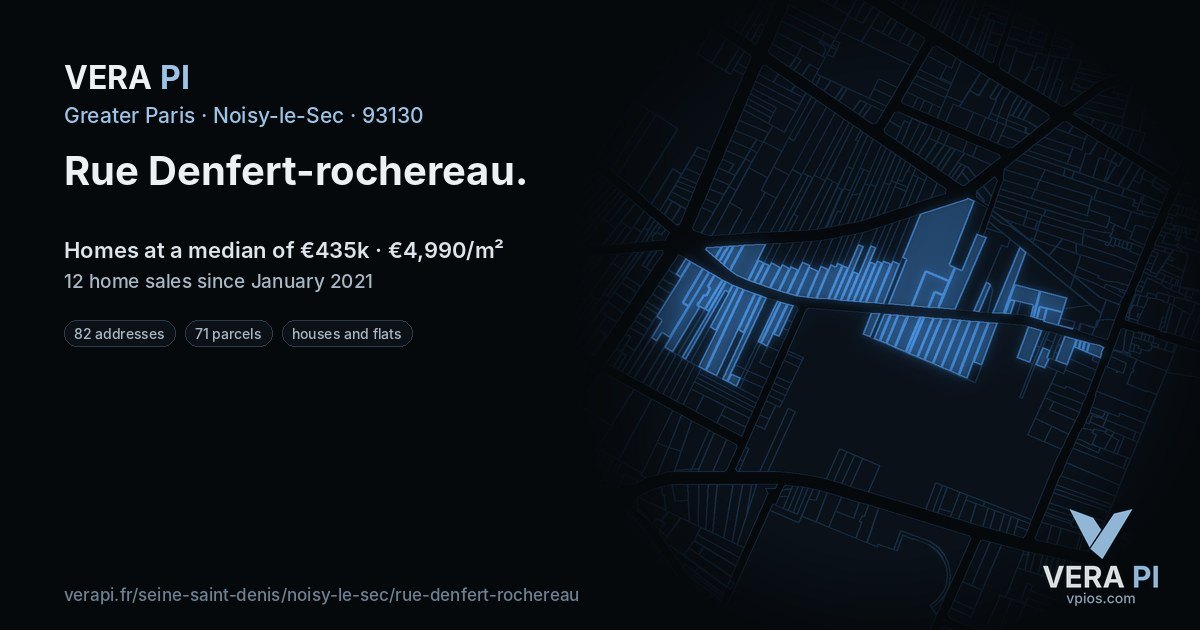 Rue Denfert-rochereau, Noisy-le-Sec at night – every parcel coloured by the prices around it, the street's own parcels lit