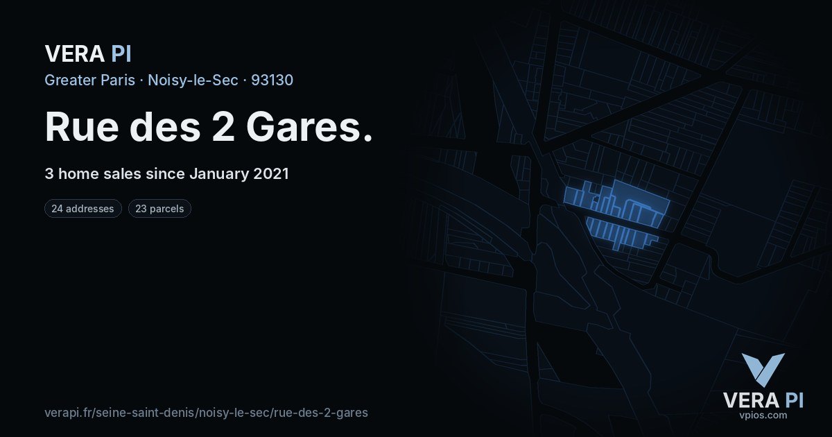 Rue des 2 Gares, Noisy-le-Sec at night – every parcel coloured by the prices around it, the street's own parcels lit