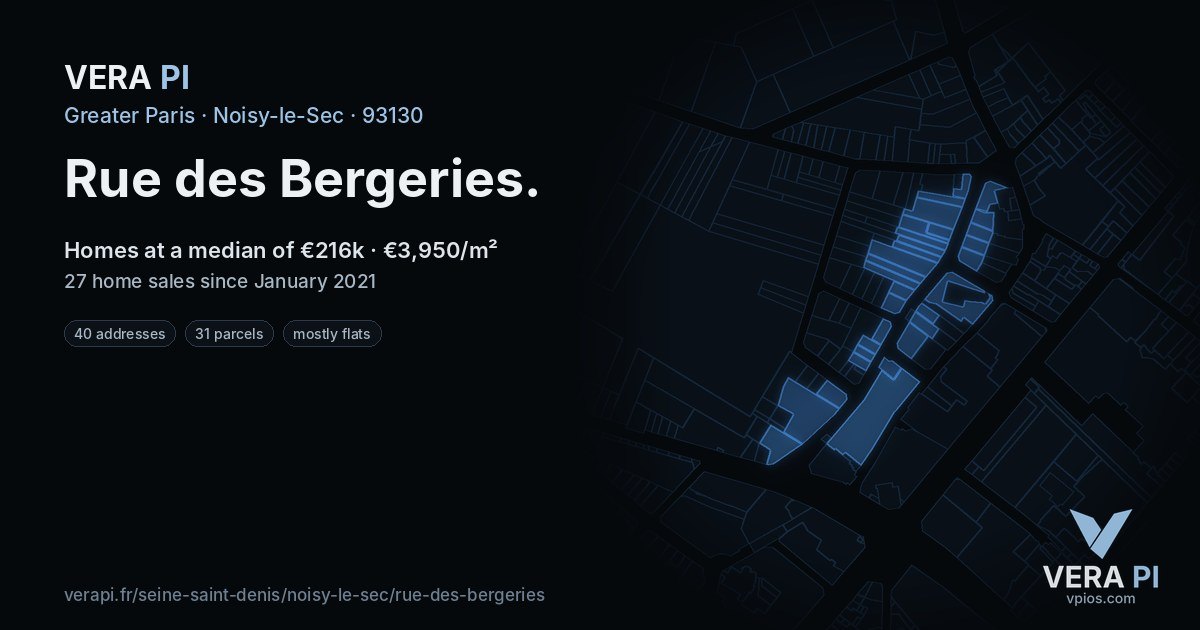 Rue des Bergeries, Noisy-le-Sec at night – every parcel coloured by the prices around it, the street's own parcels lit