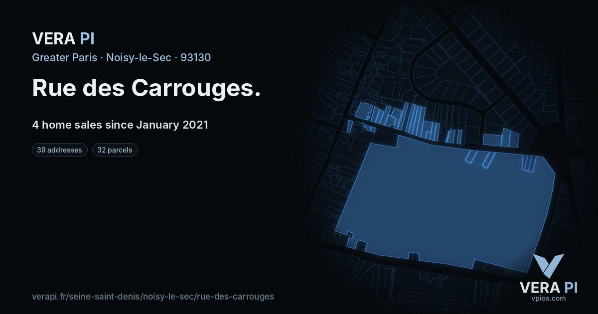 Rue des Carrouges, Noisy-le-Sec at night – every parcel coloured by the prices around it, the street's own parcels lit