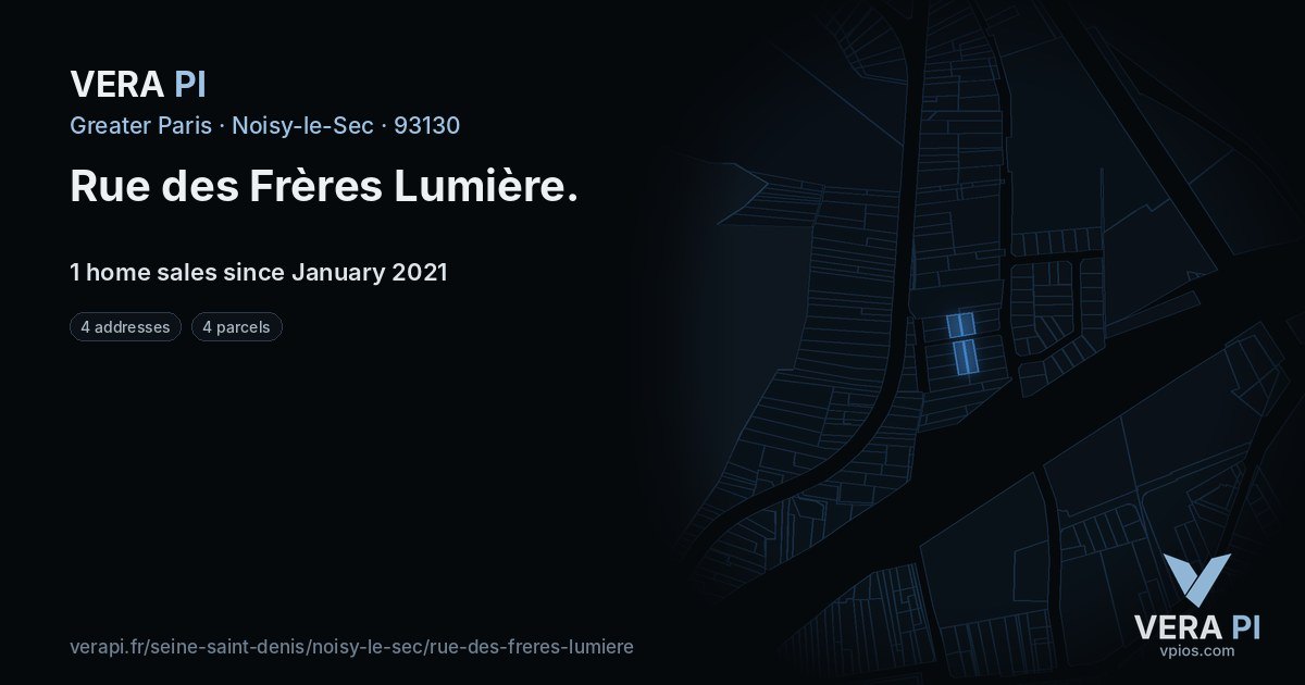 Rue des Frères Lumière, Noisy-le-Sec at night – every parcel coloured by the prices around it, the street's own parcels lit