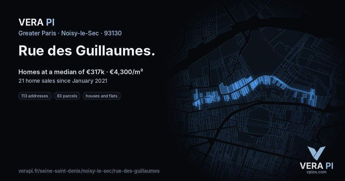 Rue des Guillaumes, Noisy-le-Sec at night – every parcel coloured by the prices around it, the street's own parcels lit