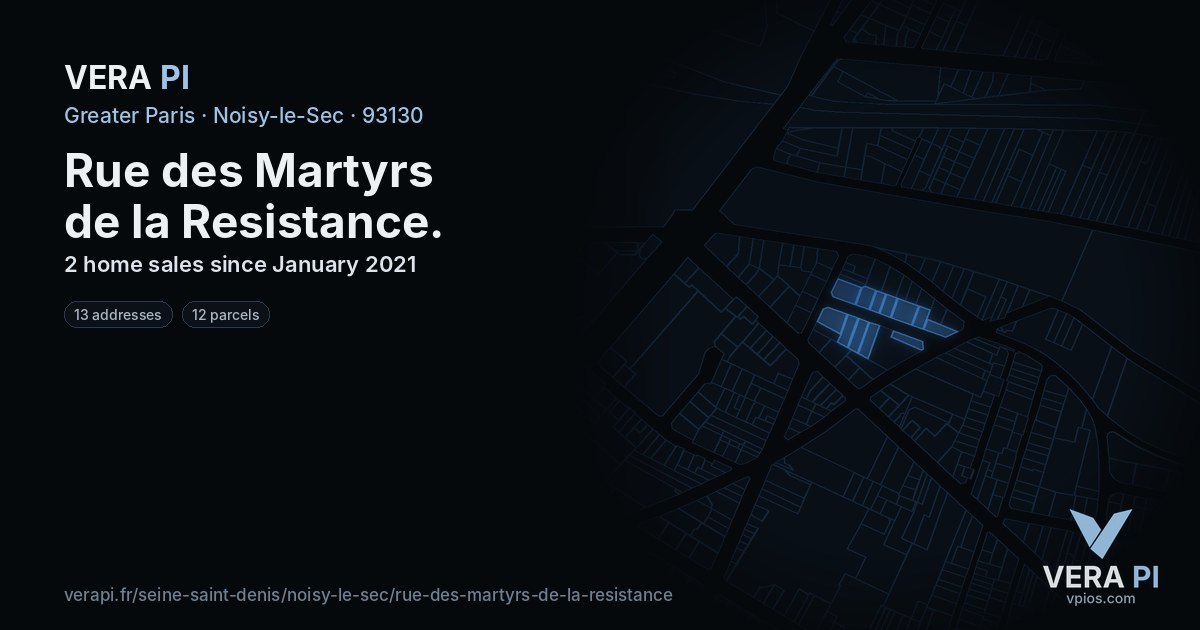 Rue des Martyrs de la Resistance, Noisy-le-Sec at night – every parcel coloured by the prices around it, the street's own parcels lit