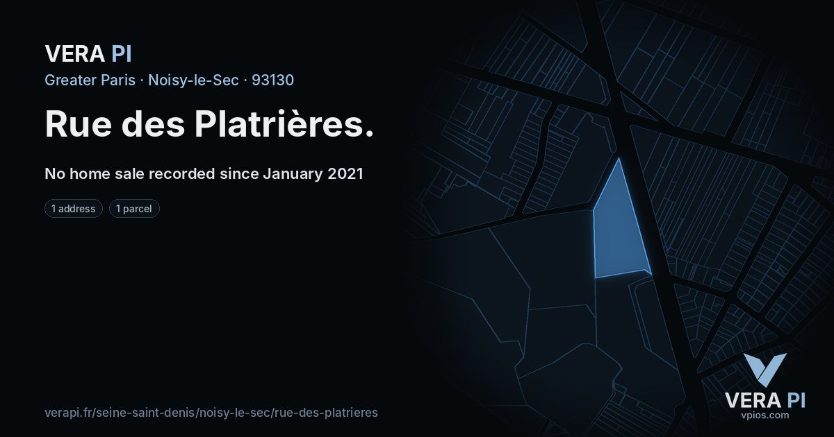 Rue des Platrières, Noisy-le-Sec at night – every parcel coloured by the prices around it, the street's own parcels lit