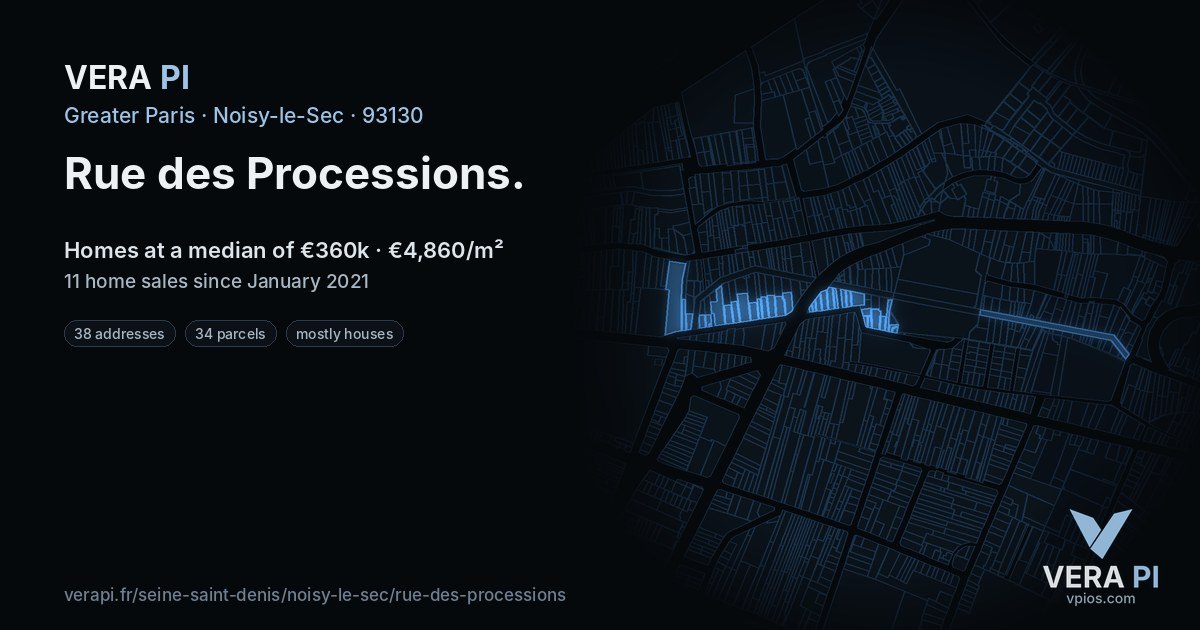 Rue des Processions, Noisy-le-Sec at night – every parcel coloured by the prices around it, the street's own parcels lit