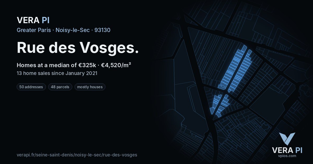 Rue des Vosges, Noisy-le-Sec at night – every parcel coloured by the prices around it, the street's own parcels lit