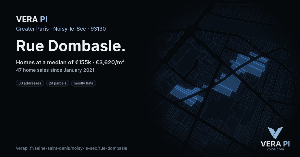 Rue Dombasle, Noisy-le-Sec at night – every parcel coloured by the prices around it, the street's own parcels lit